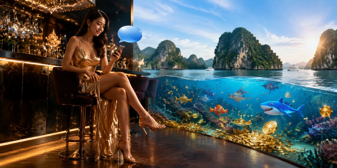 Người dùng truy cập casino trên điện thoại với phong cảnh vịnh Hạ Long phía sau